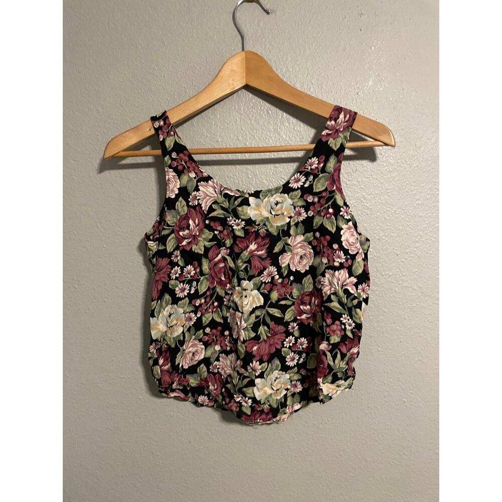 Vintage Wrapper Women Crop Top Medium Black Floral Rayon Strappy Cottagecore 90s